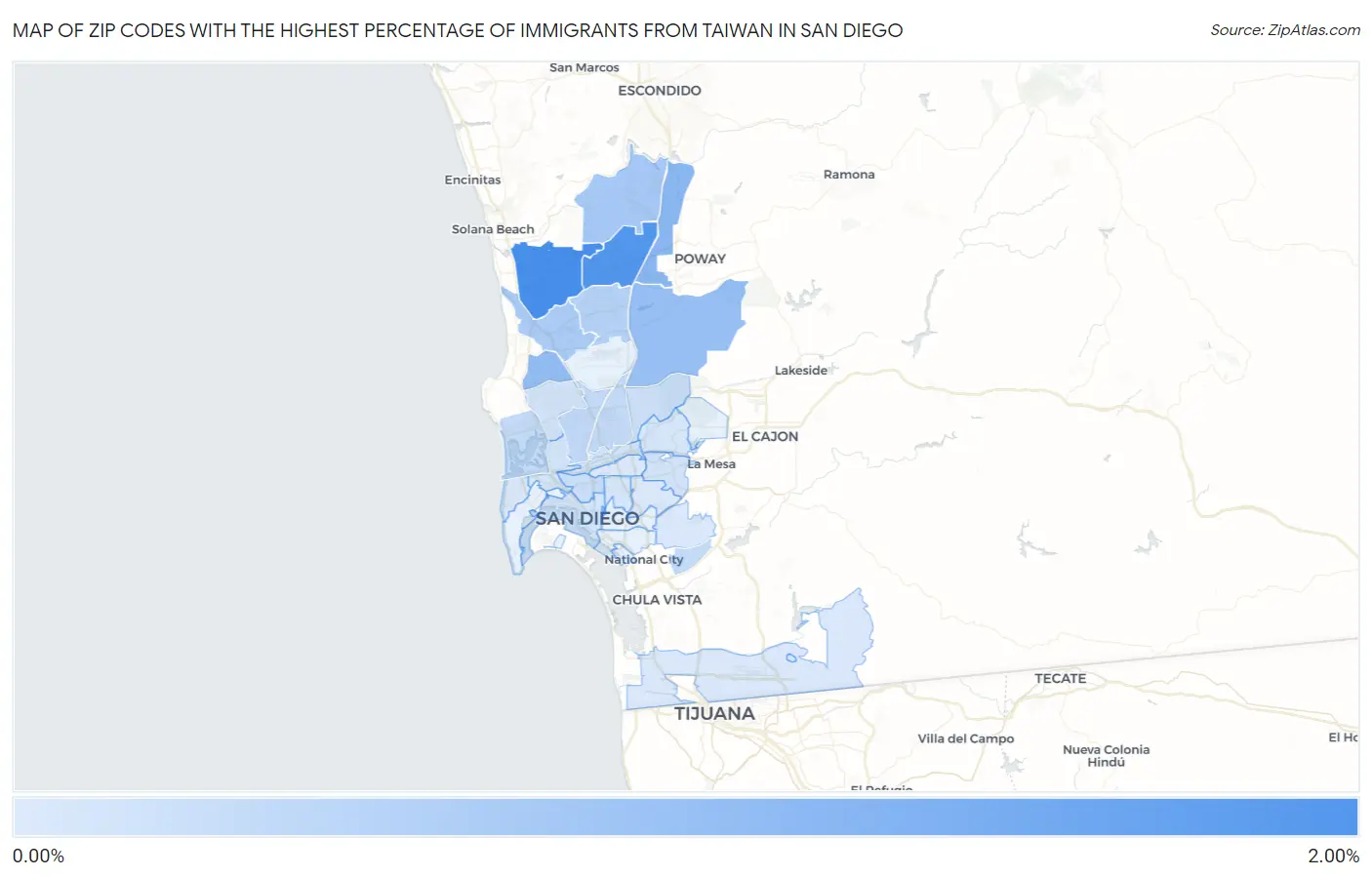 Zip Codes with the Highest Percentage of Immigrants from Taiwan in San Diego Map