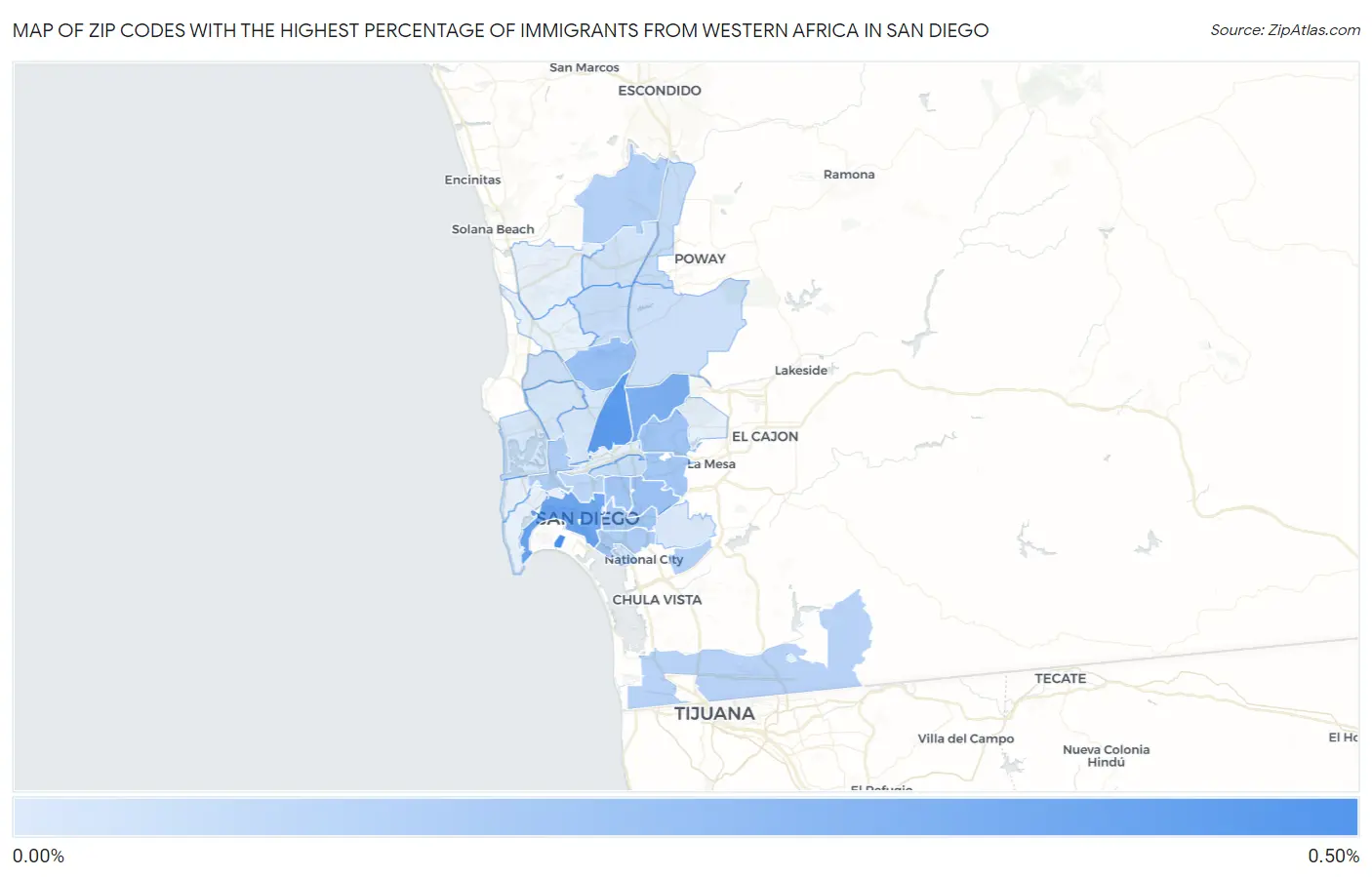 Zip Codes with the Highest Percentage of Immigrants from Western Africa in San Diego Map