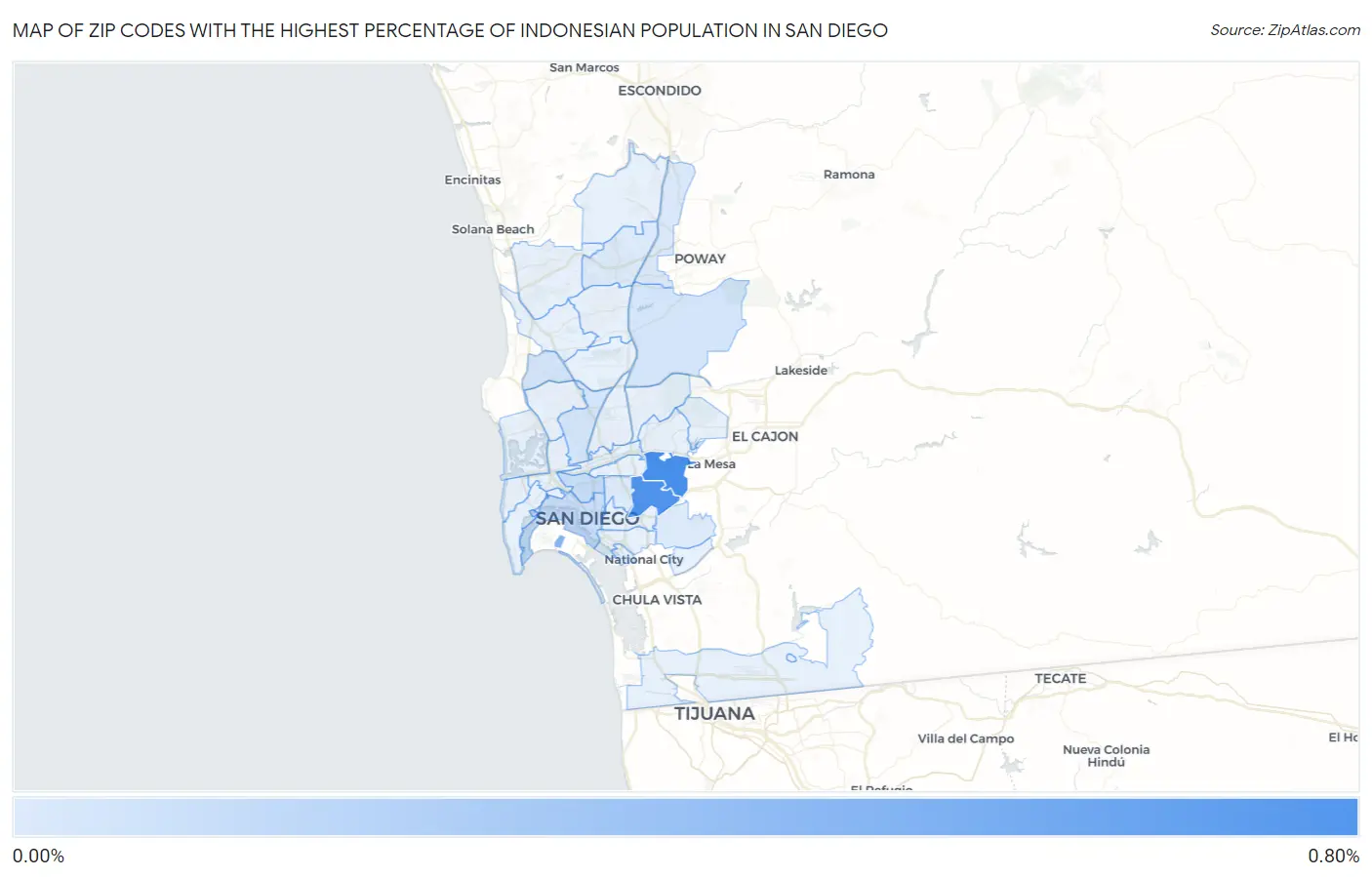 Zip Codes with the Highest Percentage of Indonesian Population in San Diego Map