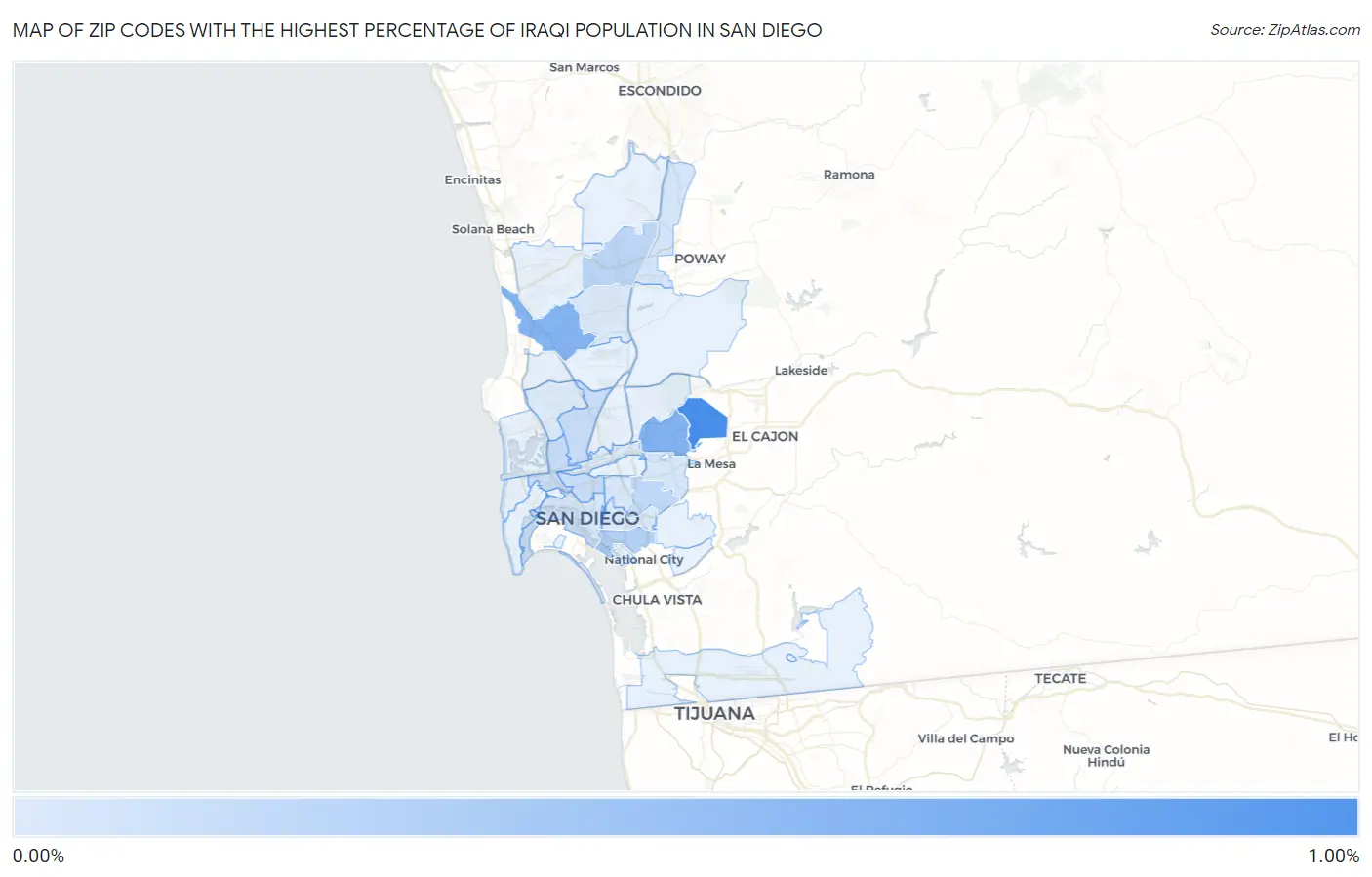 Zip Codes with the Highest Percentage of Iraqi Population in San Diego Map