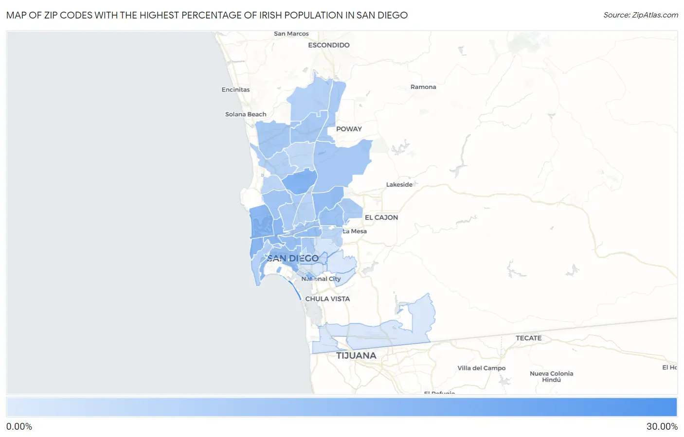 Zip Codes with the Highest Percentage of Irish Population in San Diego Map