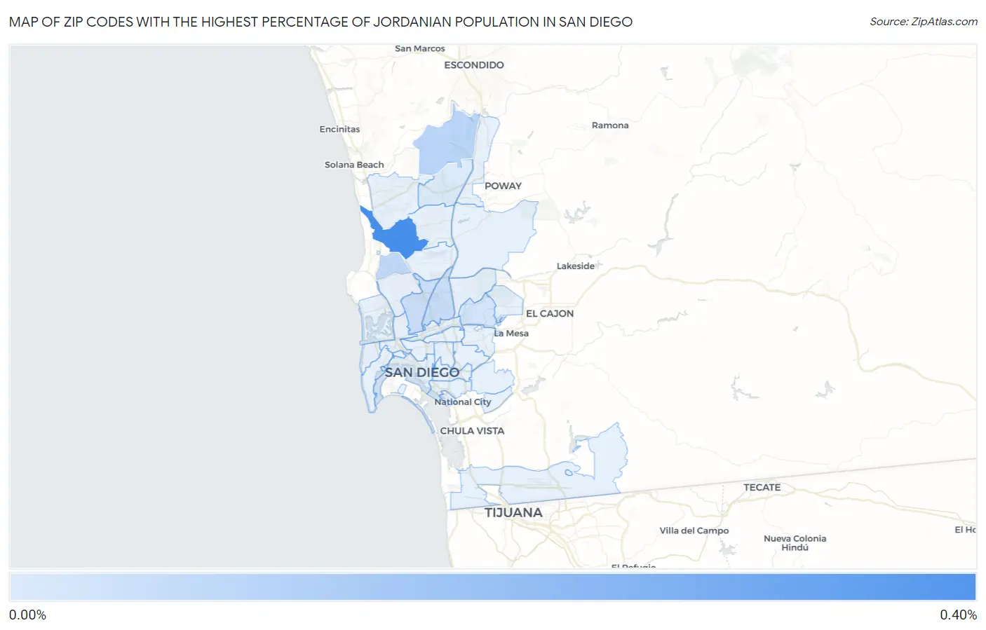 Zip Codes with the Highest Percentage of Jordanian Population in San Diego Map