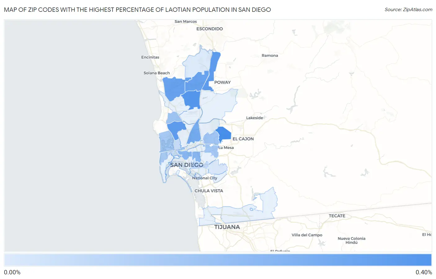 Zip Codes with the Highest Percentage of Laotian Population in San Diego Map
