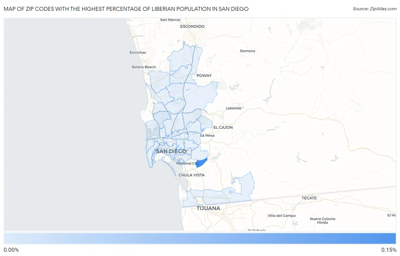 Zip Codes with the Highest Percentage of Liberian Population in San Diego Map