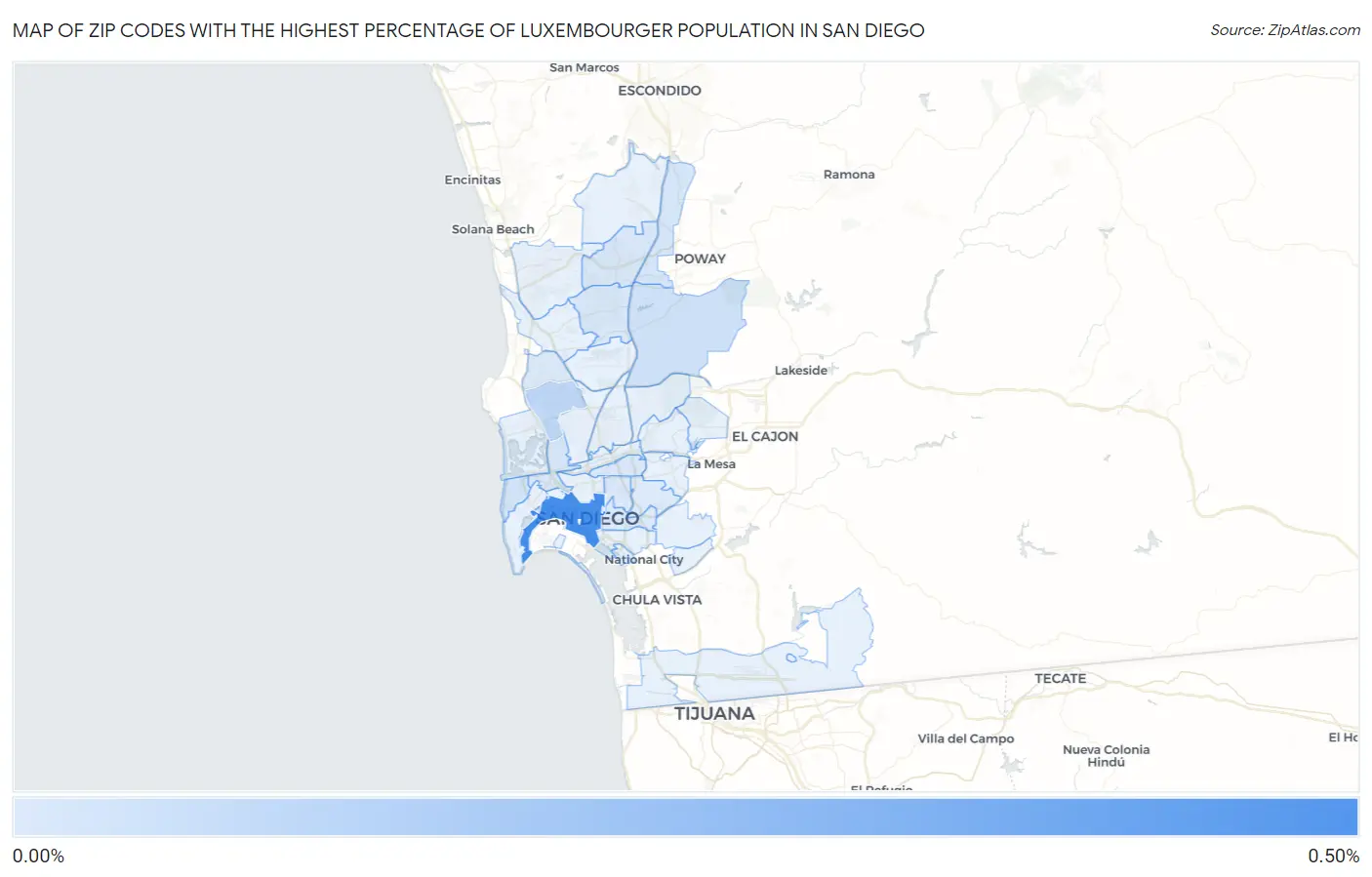 Zip Codes with the Highest Percentage of Luxembourger Population in San Diego Map