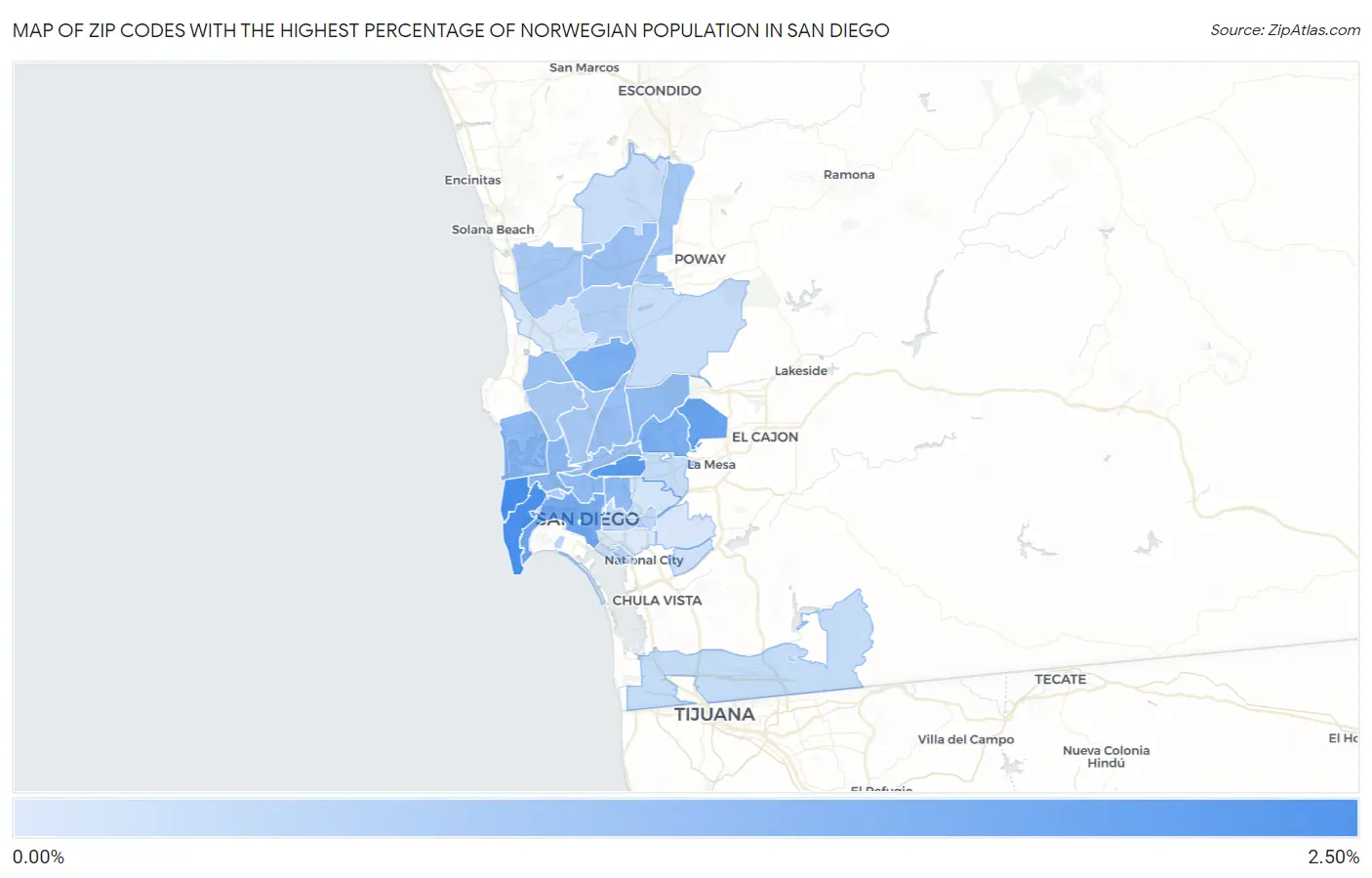 Zip Codes with the Highest Percentage of Norwegian Population in San Diego Map