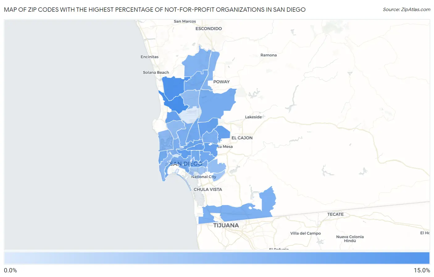 Zip Codes with the Highest Percentage of Not-for-profit Organizations in San Diego Map