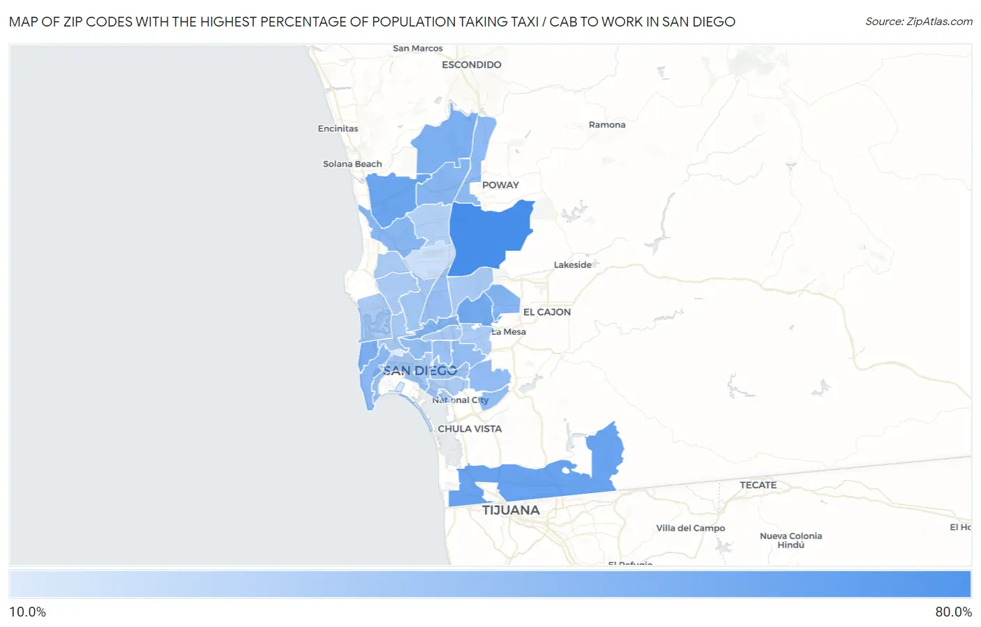 Zip Codes with the Highest Percentage of Population Taking Taxi / Cab to Work in San Diego Map