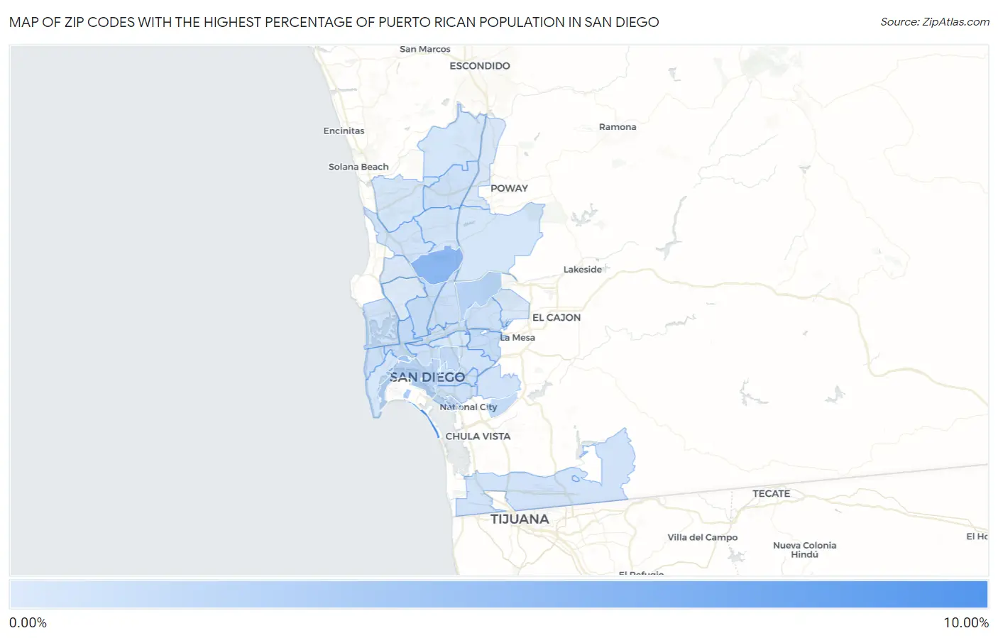 Zip Codes with the Highest Percentage of Puerto Rican Population in San Diego Map