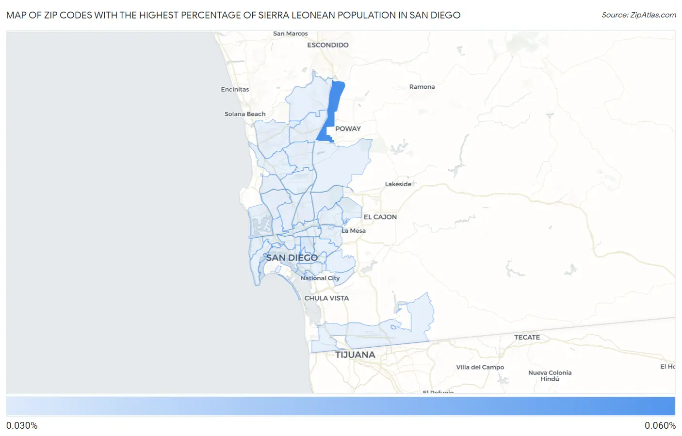 Zip Codes with the Highest Percentage of Sierra Leonean Population in San Diego Map