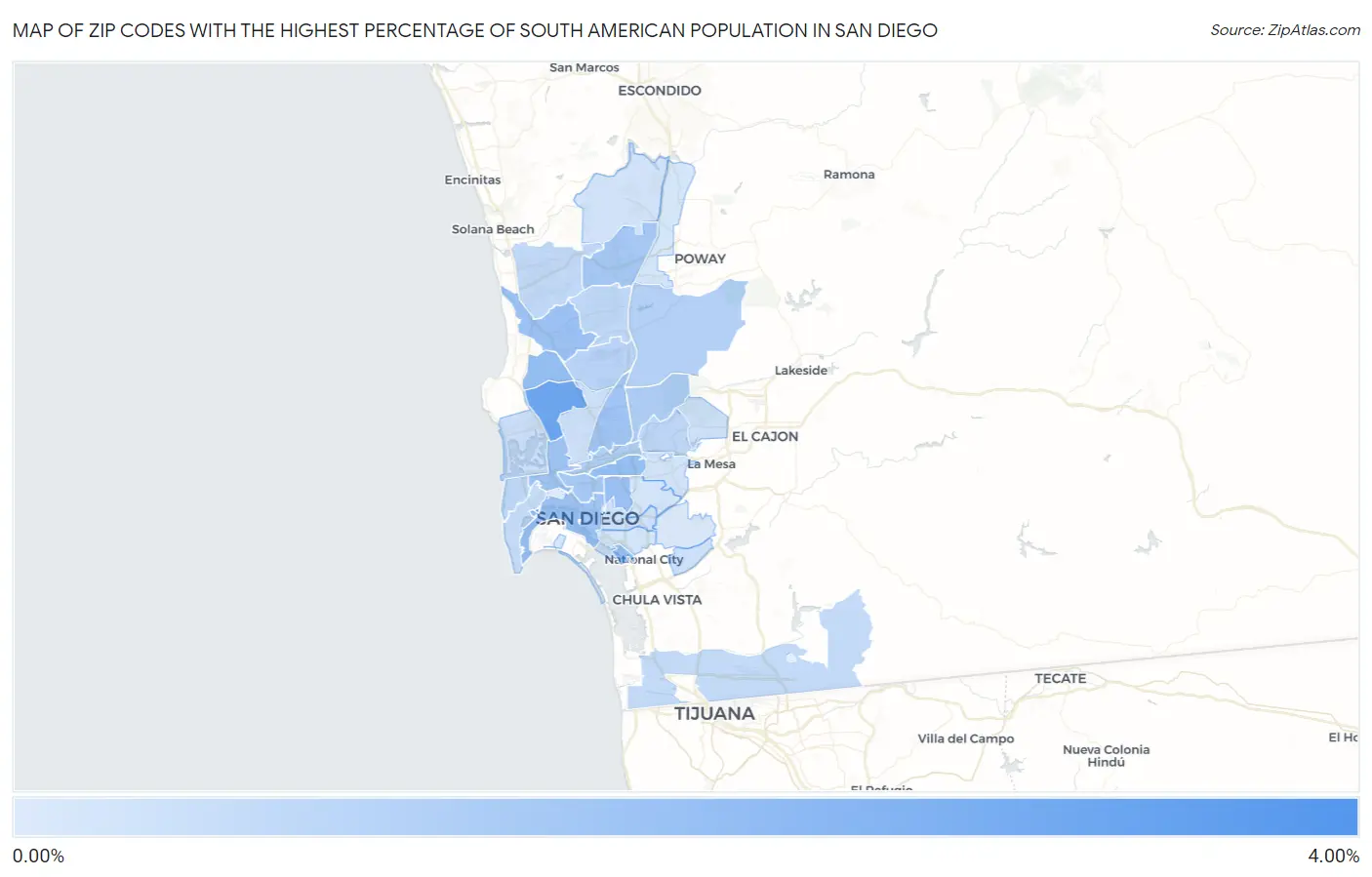 Zip Codes with the Highest Percentage of South American Population in San Diego Map