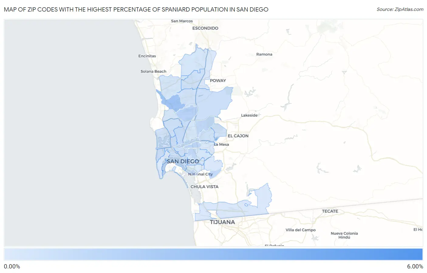 Zip Codes with the Highest Percentage of Spaniard Population in San Diego Map