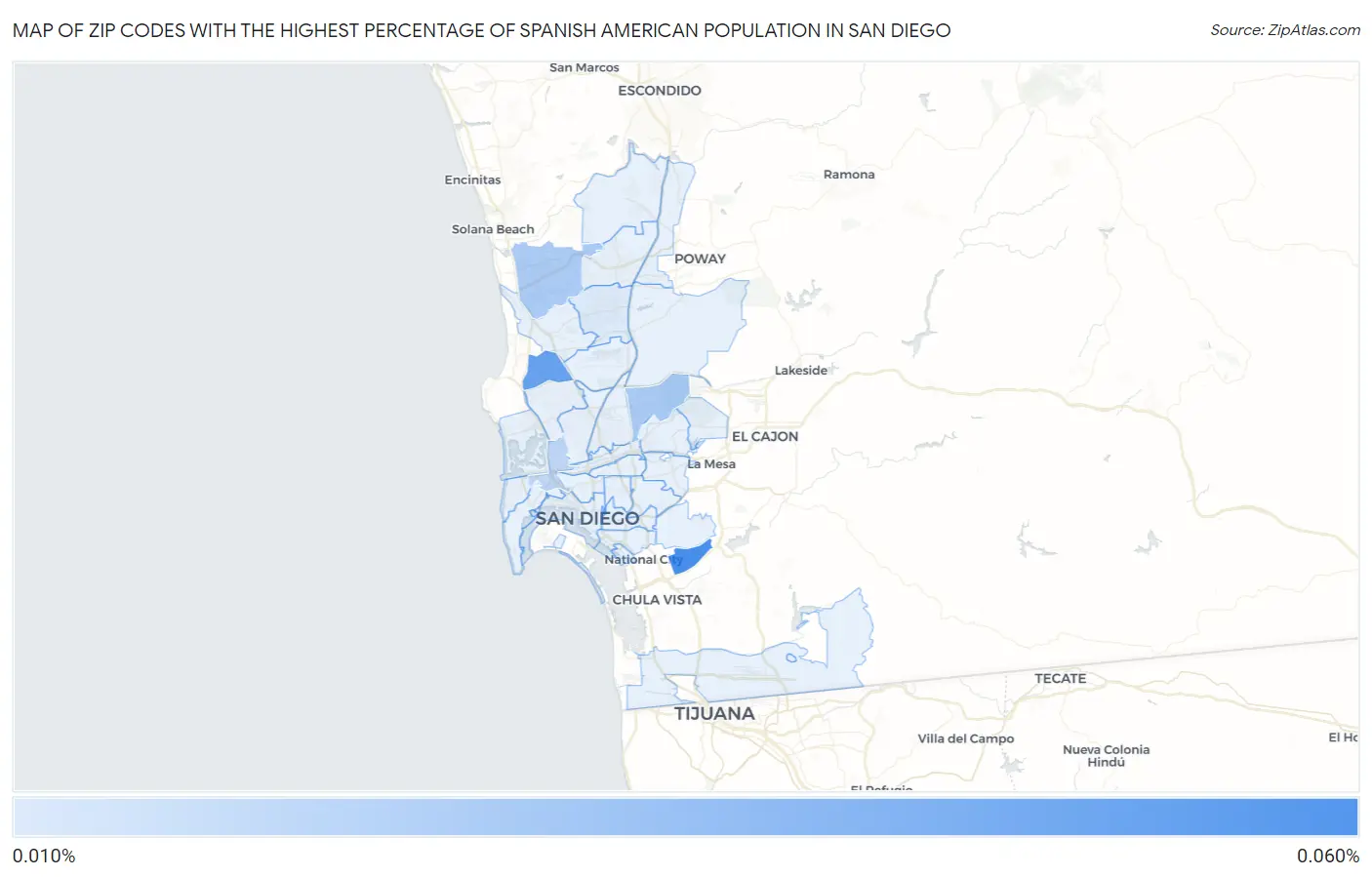 Zip Codes with the Highest Percentage of Spanish American Population in San Diego Map