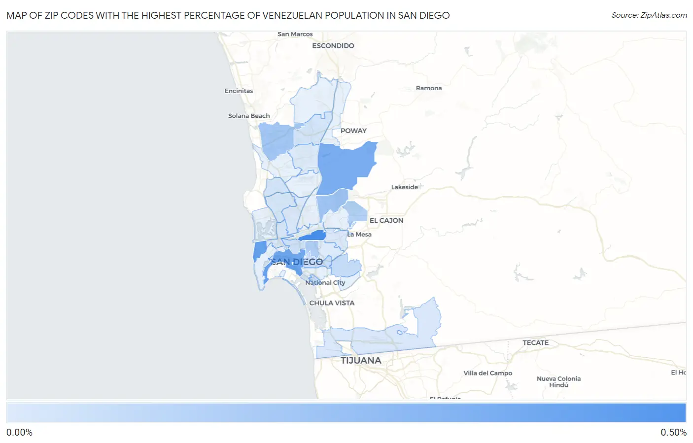 Zip Codes with the Highest Percentage of Venezuelan Population in San Diego Map