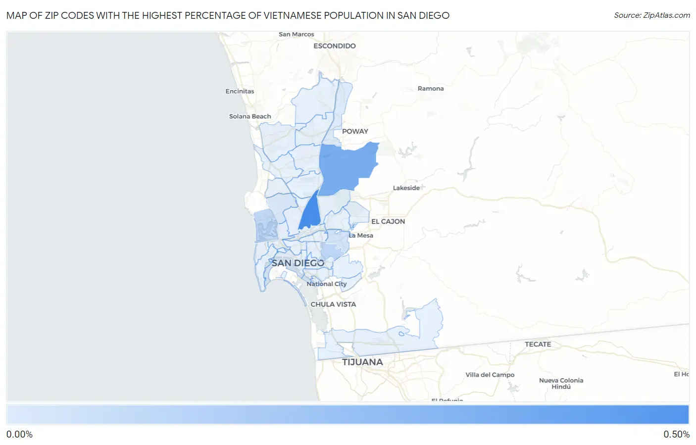 Zip Codes with the Highest Percentage of Vietnamese Population in San Diego Map