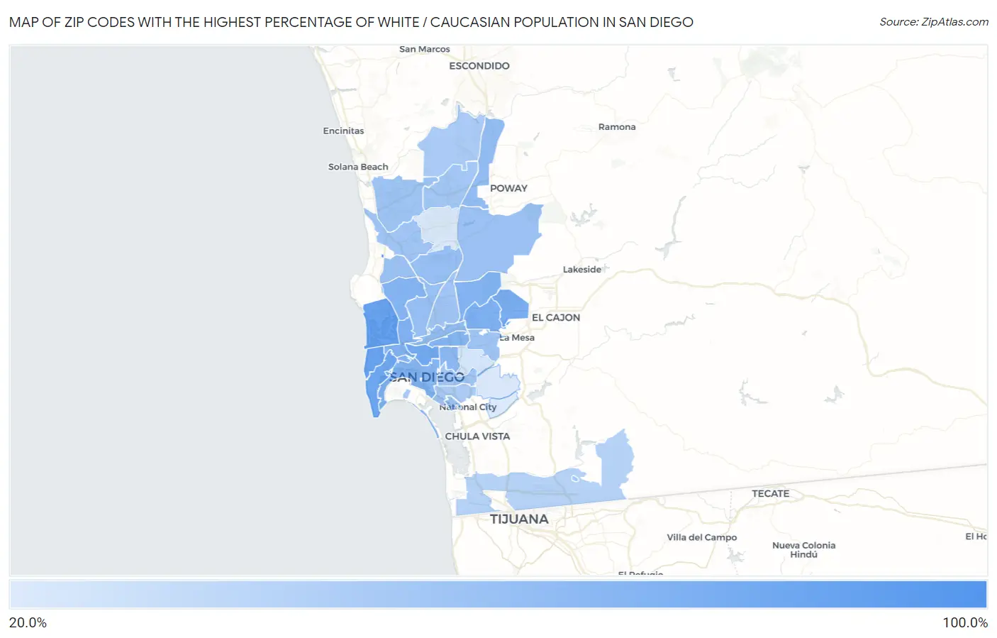 Zip Codes with the Highest Percentage of White / Caucasian Population in San Diego Map