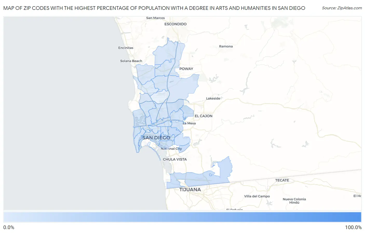 Zip Codes with the Highest Percentage of Population with a Degree in Arts and Humanities in San Diego Map