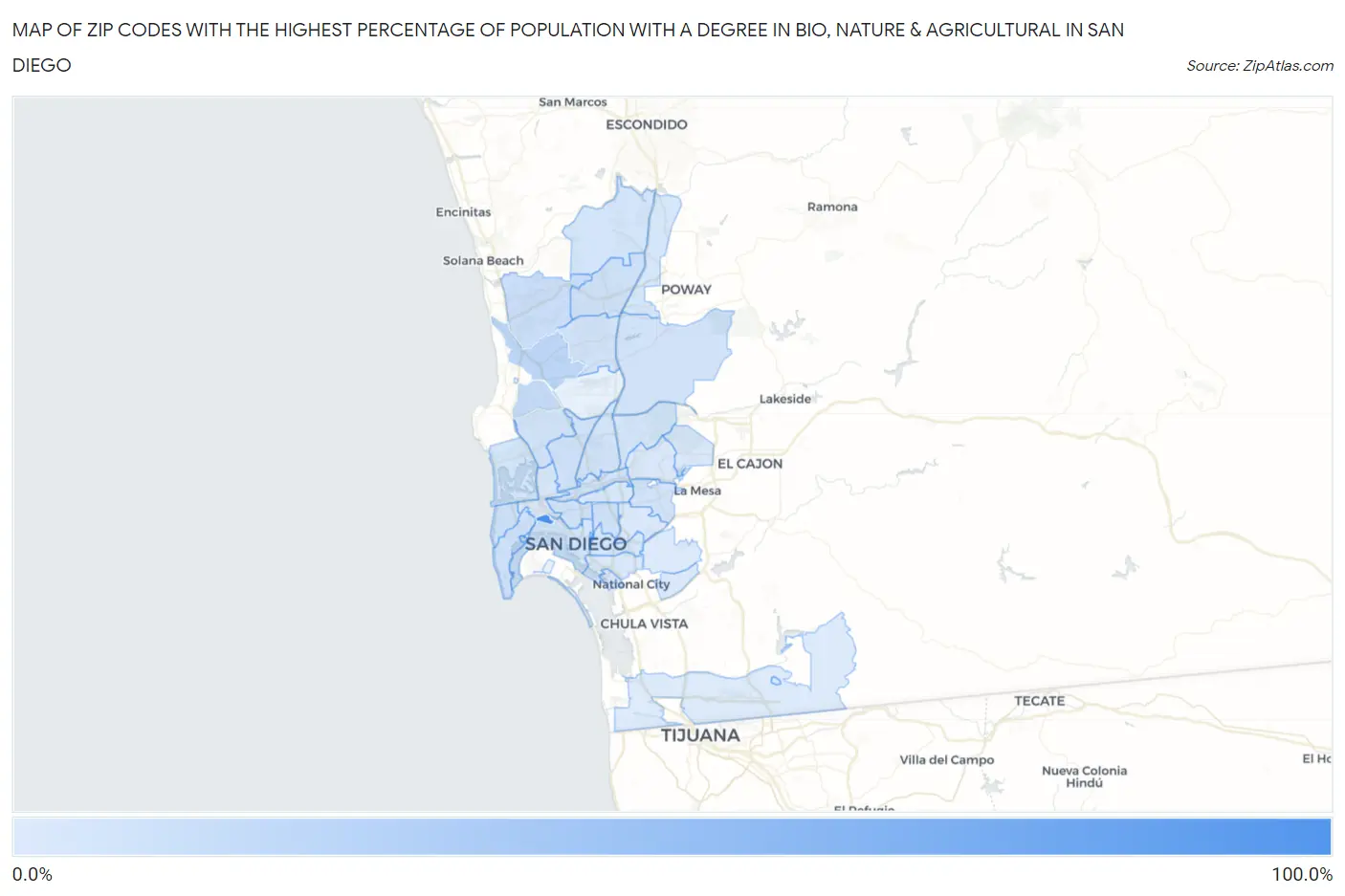 Zip Codes with the Highest Percentage of Population with a Degree in Bio, Nature & Agricultural in San Diego Map