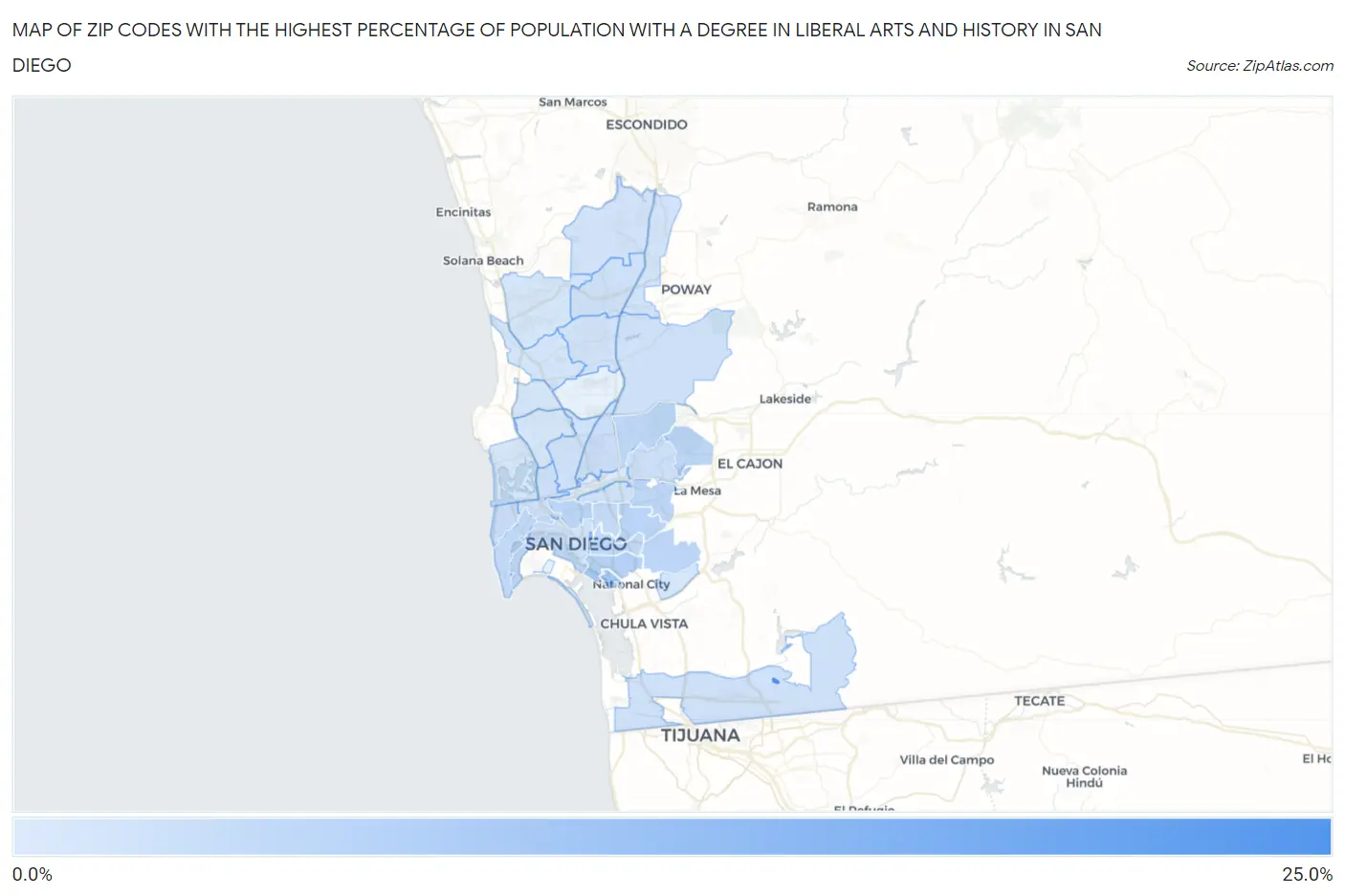Zip Codes with the Highest Percentage of Population with a Degree in Liberal Arts and History in San Diego Map