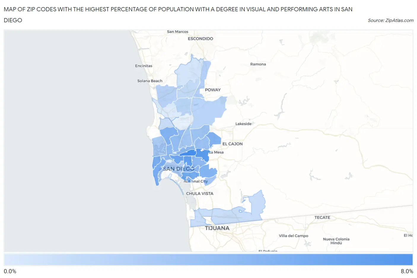 Zip Codes with the Highest Percentage of Population with a Degree in Visual and Performing Arts in San Diego Map