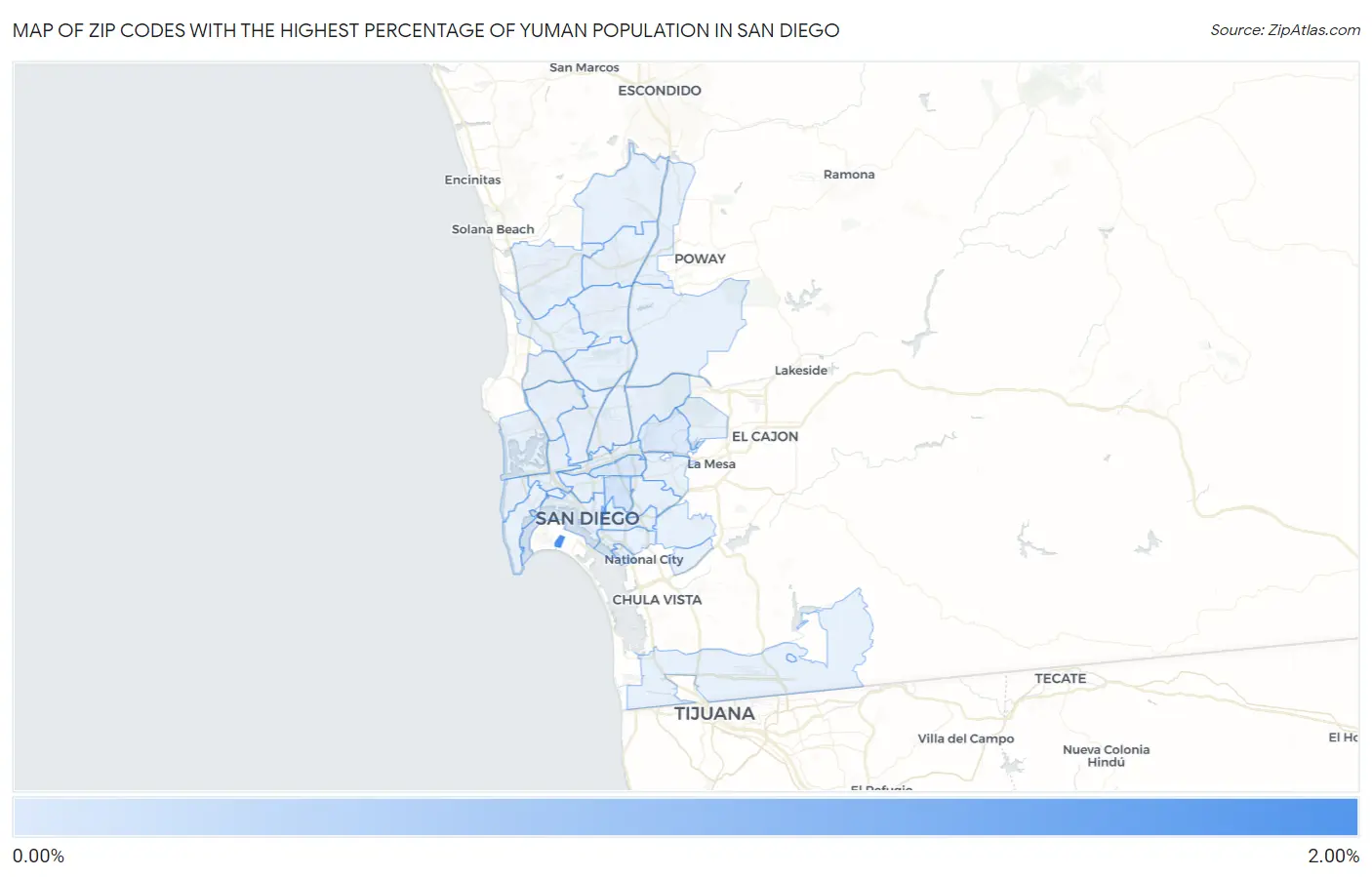 Zip Codes with the Highest Percentage of Yuman Population in San Diego Map