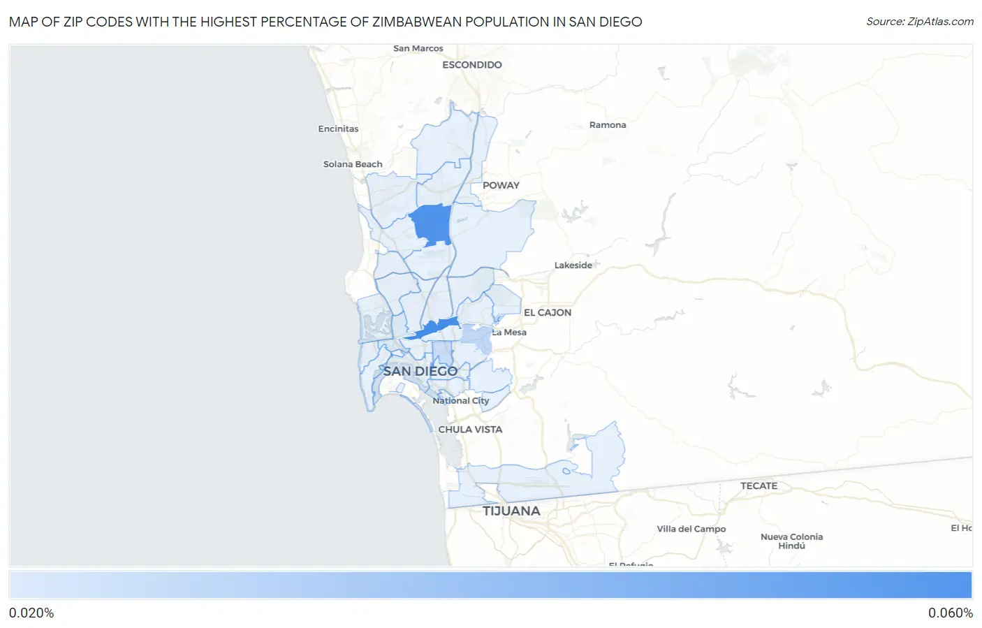 Zip Codes with the Highest Percentage of Zimbabwean Population in San Diego Map