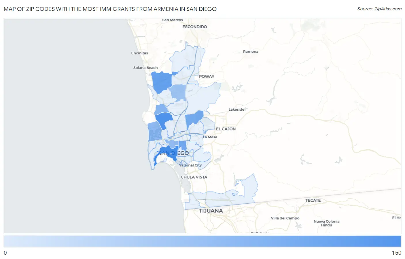 Zip Codes with the Most Immigrants from Armenia in San Diego Map