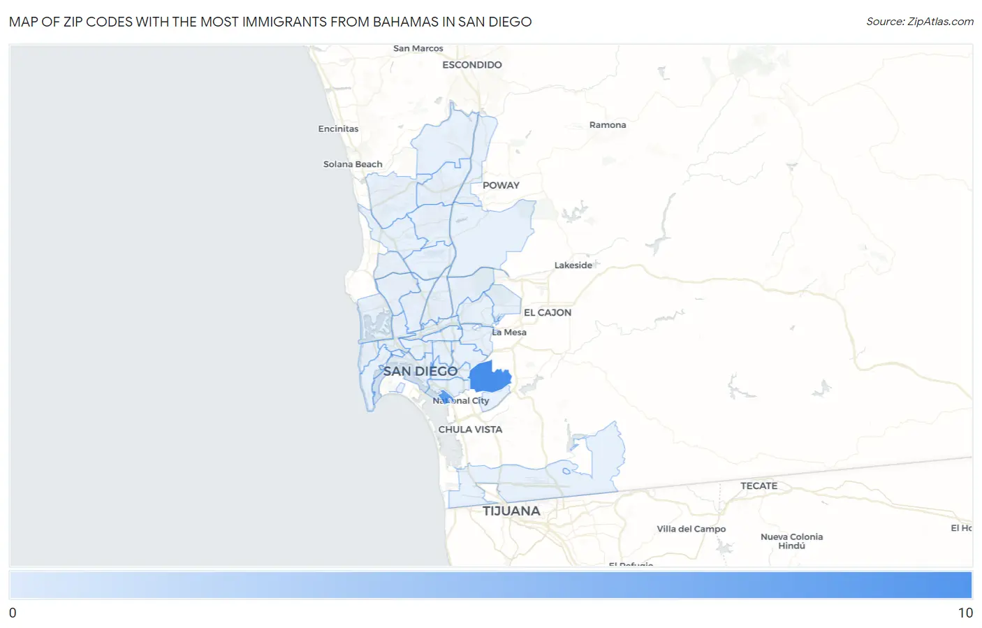 Zip Codes with the Most Immigrants from Bahamas in San Diego Map
