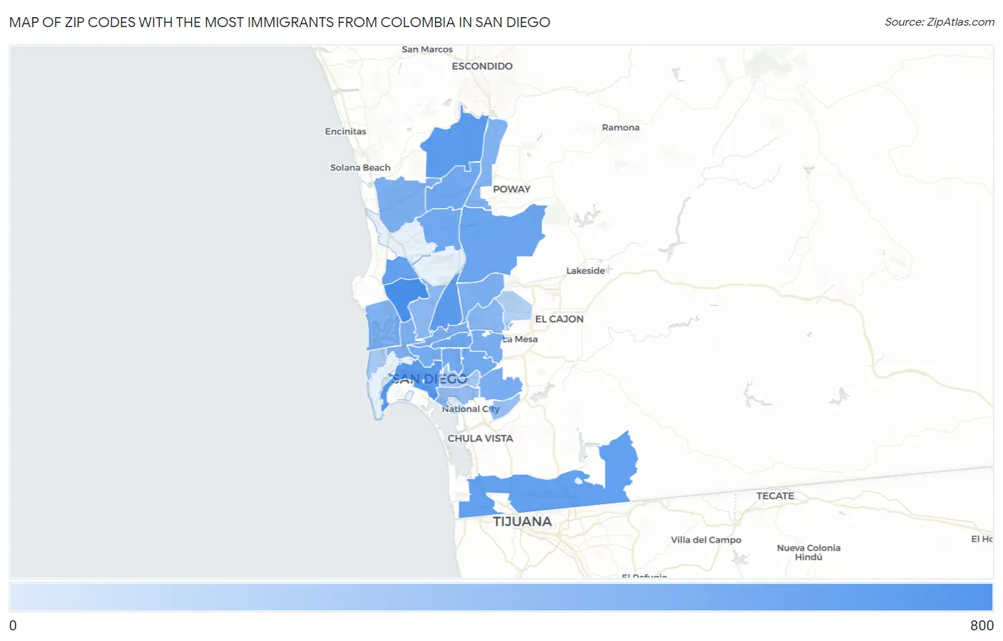 Zip Codes with the Most Immigrants from Colombia in San Diego Map