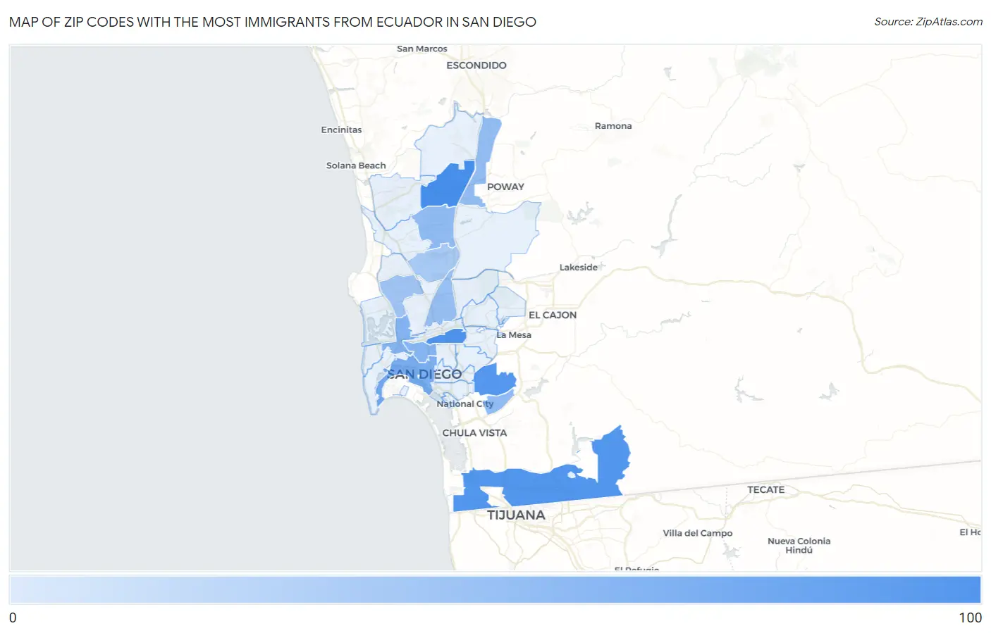 Zip Codes with the Most Immigrants from Ecuador in San Diego Map