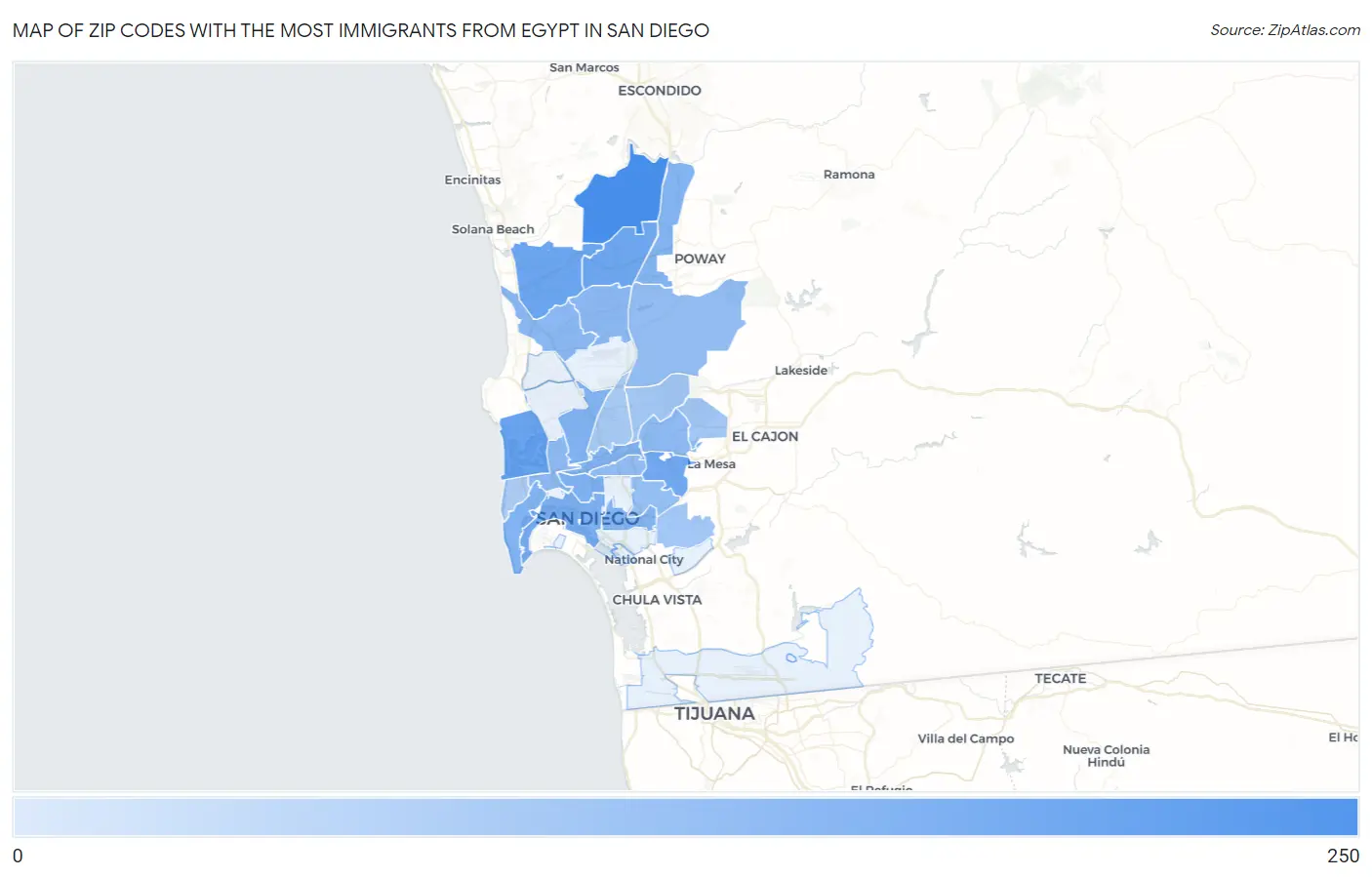 Zip Codes with the Most Immigrants from Egypt in San Diego Map