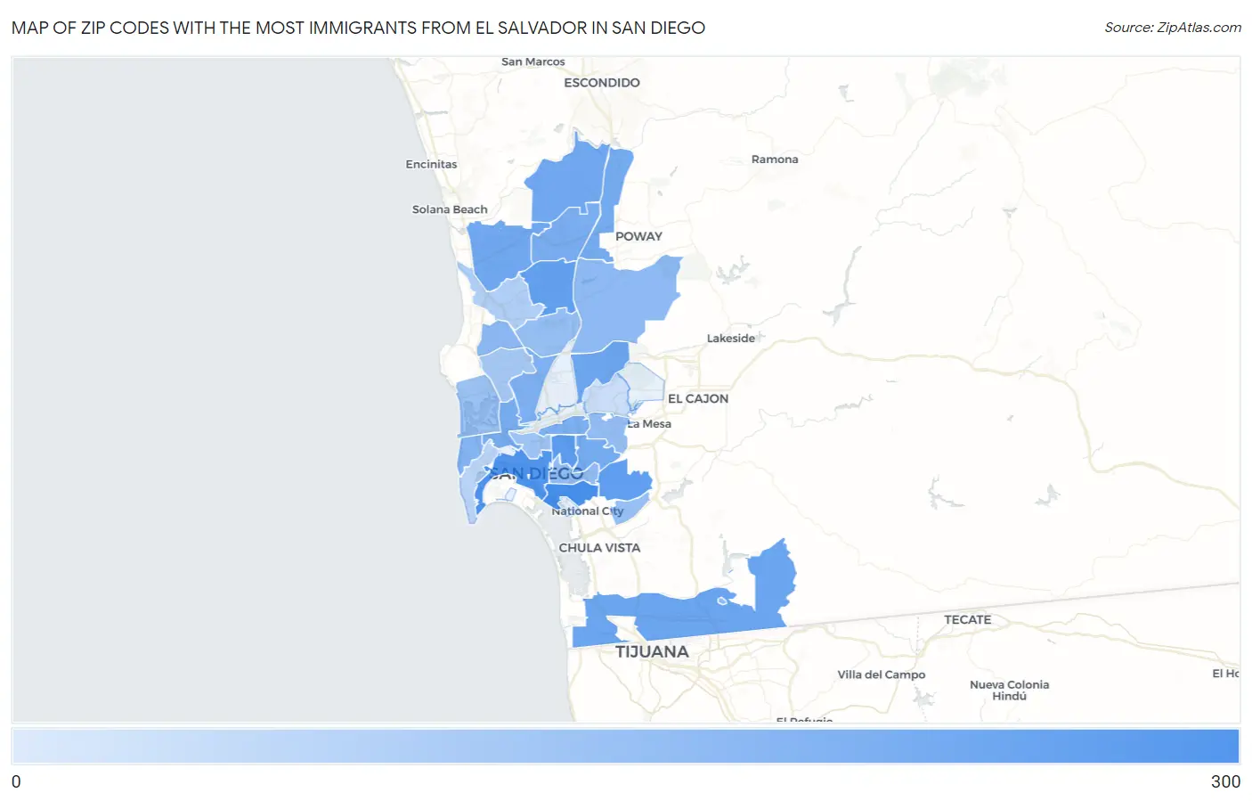Zip Codes with the Most Immigrants from El Salvador in San Diego Map