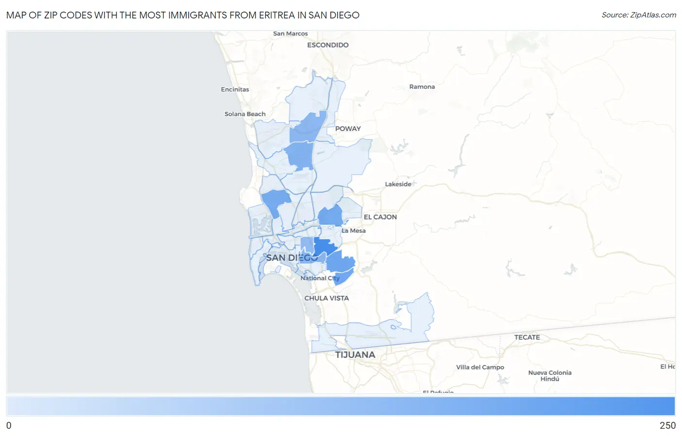 Zip Codes with the Most Immigrants from Eritrea in San Diego Map