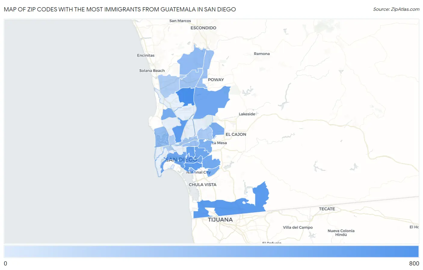 Zip Codes with the Most Immigrants from Guatemala in San Diego Map