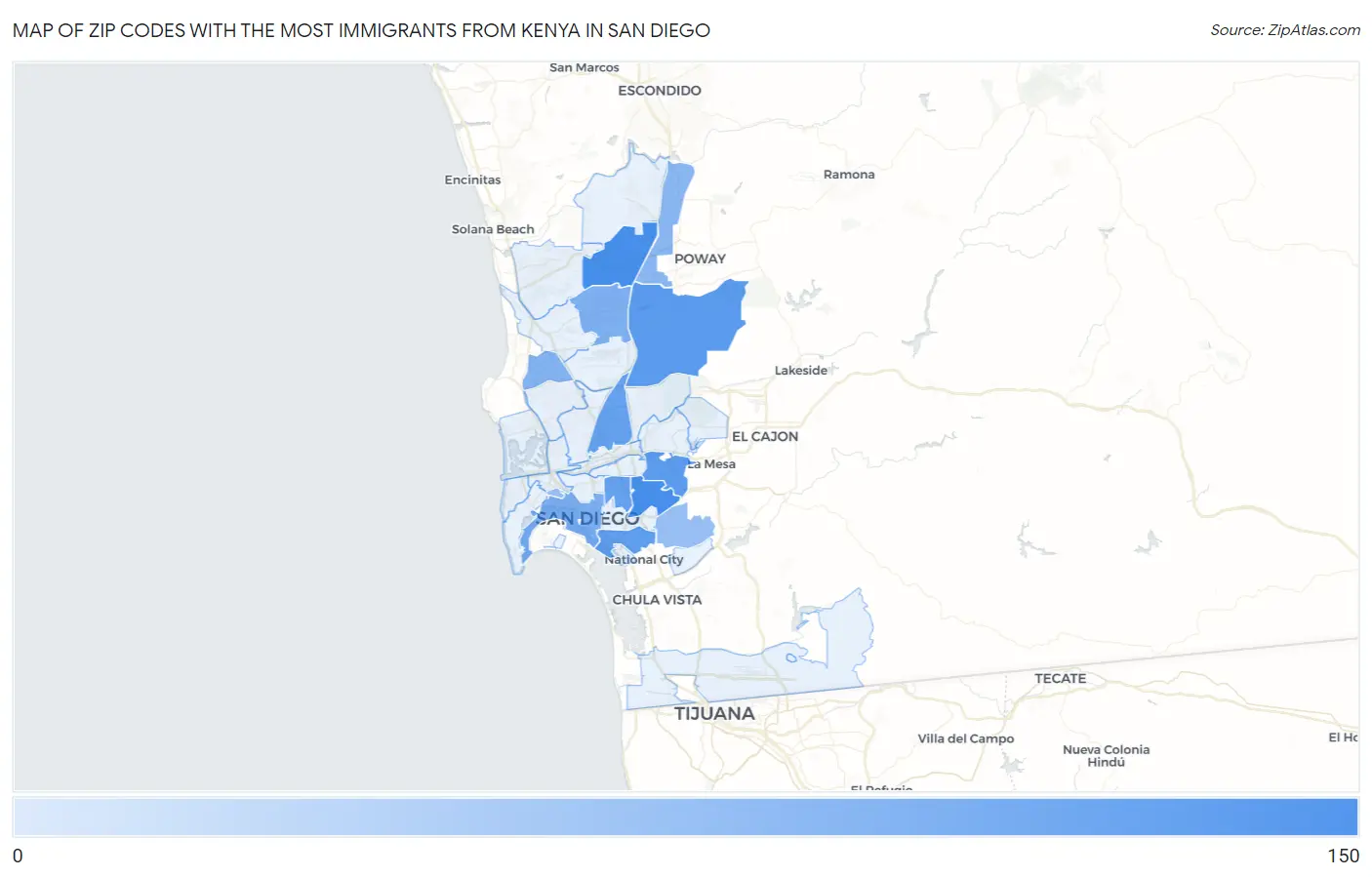 Zip Codes with the Most Immigrants from Kenya in San Diego Map
