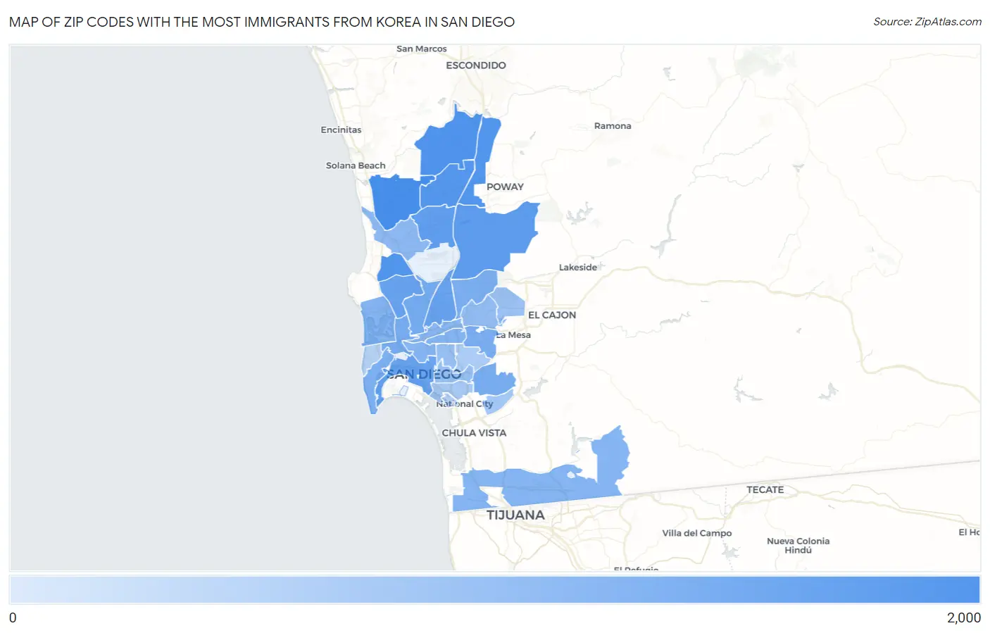 Zip Codes with the Most Immigrants from Korea in San Diego Map