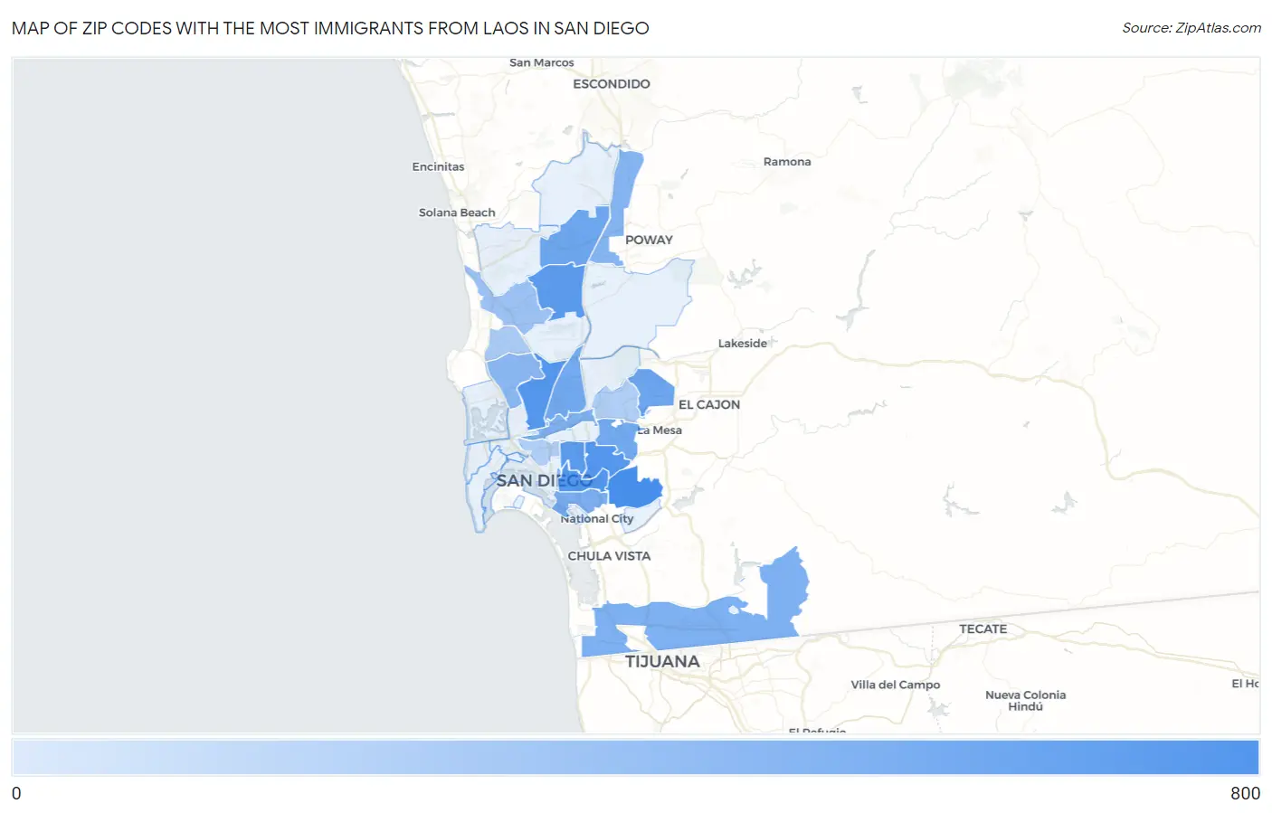Zip Codes with the Most Immigrants from Laos in San Diego Map