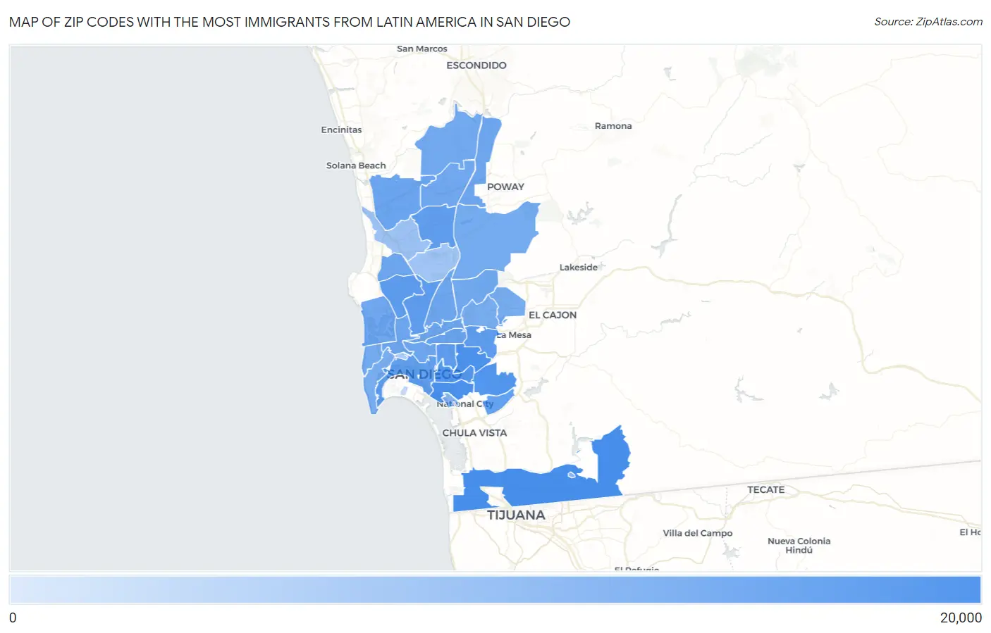 Zip Codes with the Most Immigrants from Latin America in San Diego Map
