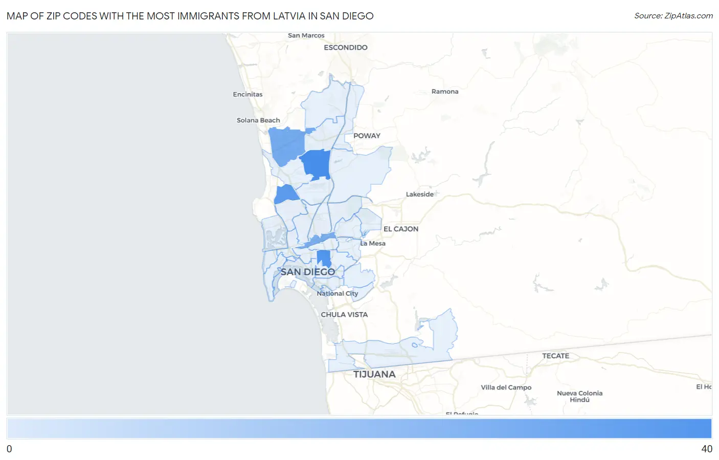 Zip Codes with the Most Immigrants from Latvia in San Diego Map
