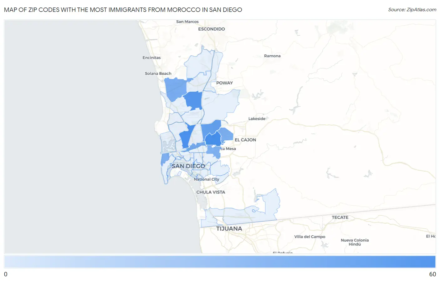 Zip Codes with the Most Immigrants from Morocco in San Diego Map