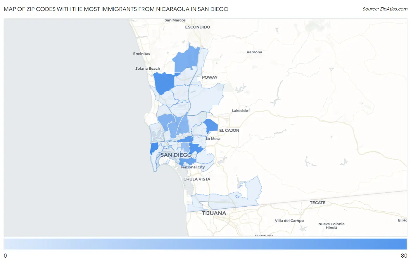 Zip Codes with the Most Immigrants from Nicaragua in San Diego Map