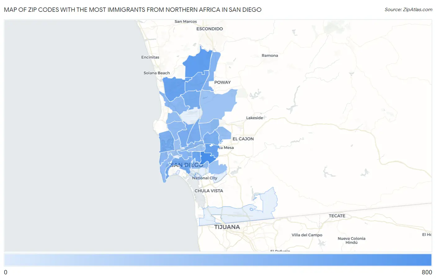 Zip Codes with the Most Immigrants from Northern Africa in San Diego Map