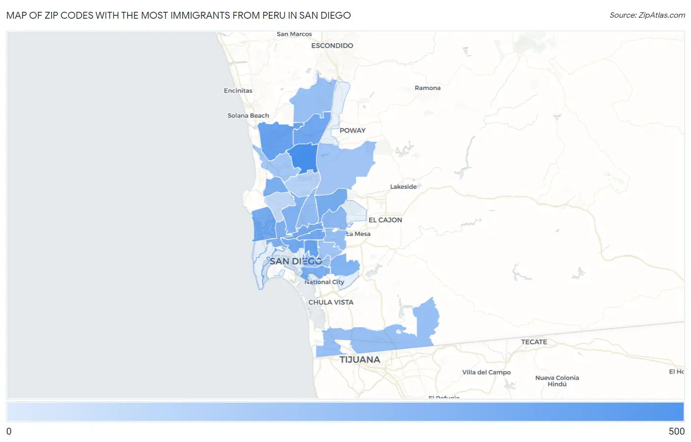 Zip Codes with the Most Immigrants from Peru in San Diego Map