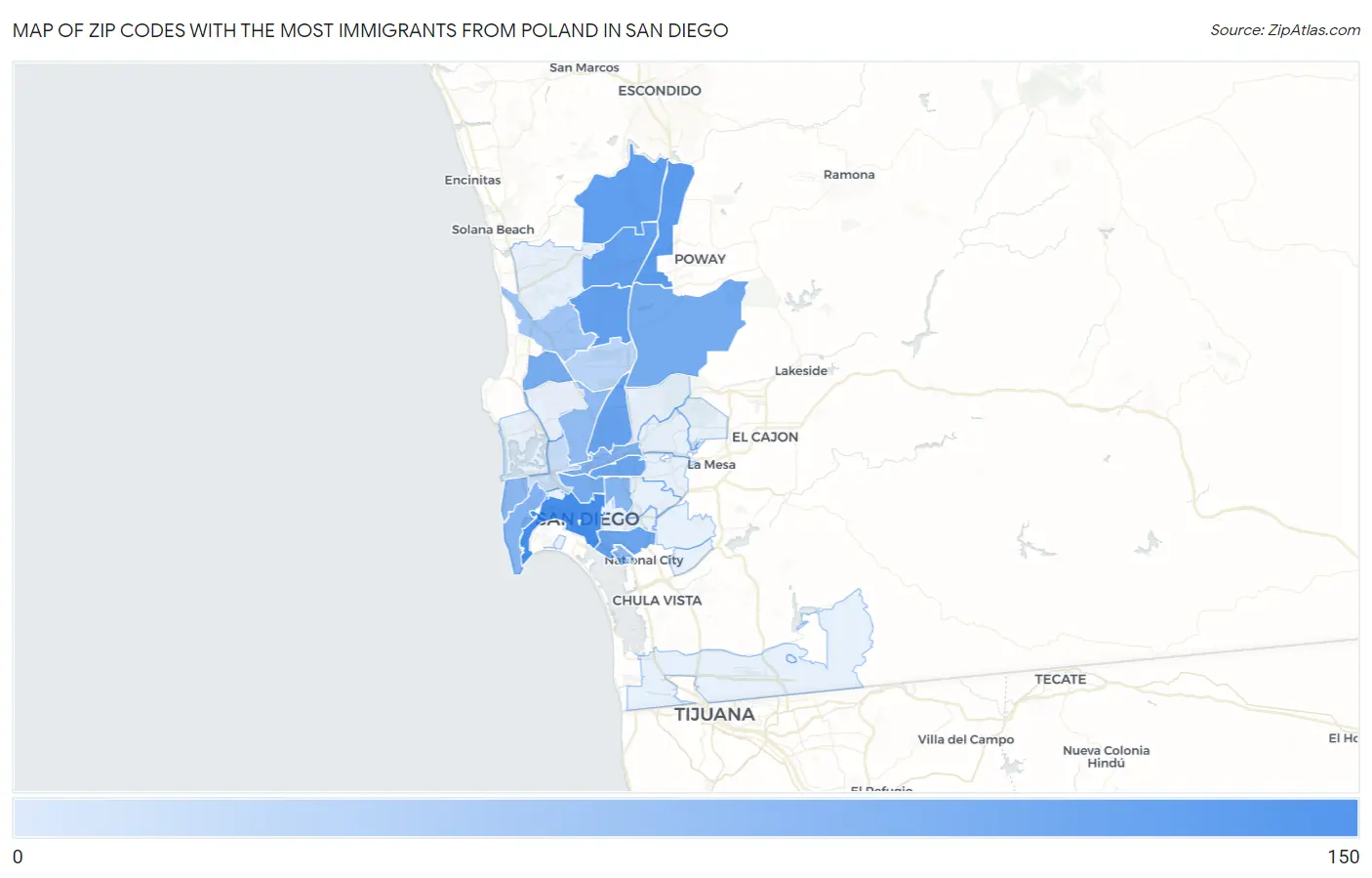 Zip Codes with the Most Immigrants from Poland in San Diego Map