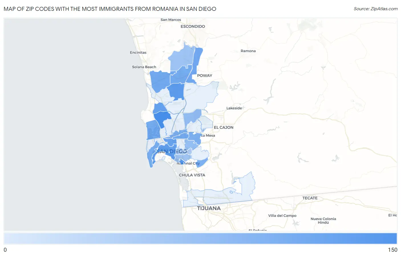 Zip Codes with the Most Immigrants from Romania in San Diego Map