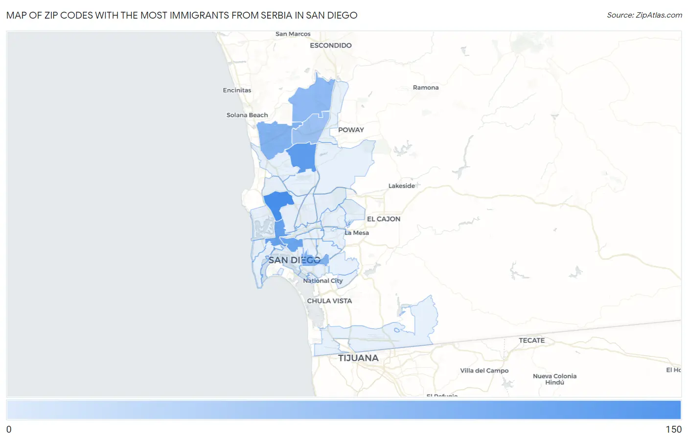 Zip Codes with the Most Immigrants from Serbia in San Diego Map