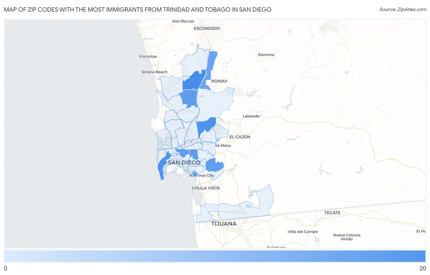 Zip Codes with the Most Immigrants from Trinidad and Tobago in San Diego Map