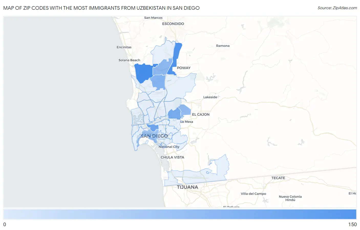 Zip Codes with the Most Immigrants from Uzbekistan in San Diego Map