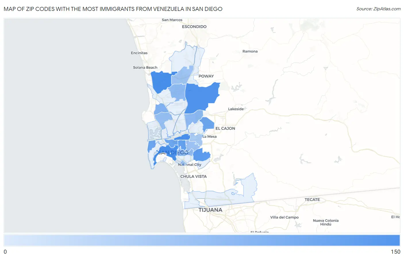 Zip Codes with the Most Immigrants from Venezuela in San Diego Map