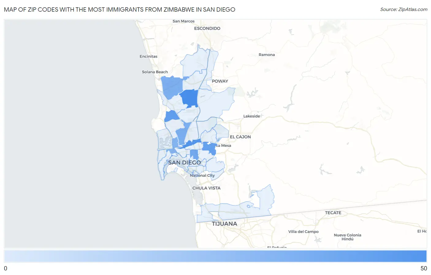 Zip Codes with the Most Immigrants from Zimbabwe in San Diego Map
